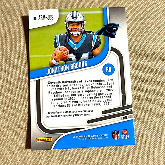 Jonathon Brooks Patch Rookie 2024 Panini Absolute Panthers NFL Football Card - Picture 2 of 2